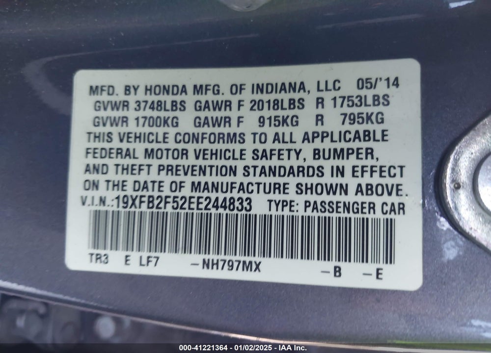 2014 HONDA CIVIC LX VIN: 19XFB2F52EE244833