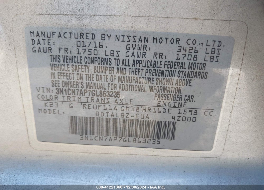 2016 NISSAN VERSA 1.6 S/1.6 S+/1.6 SL/1.6 SV VIN: 3N1CN7AP7GL863235
