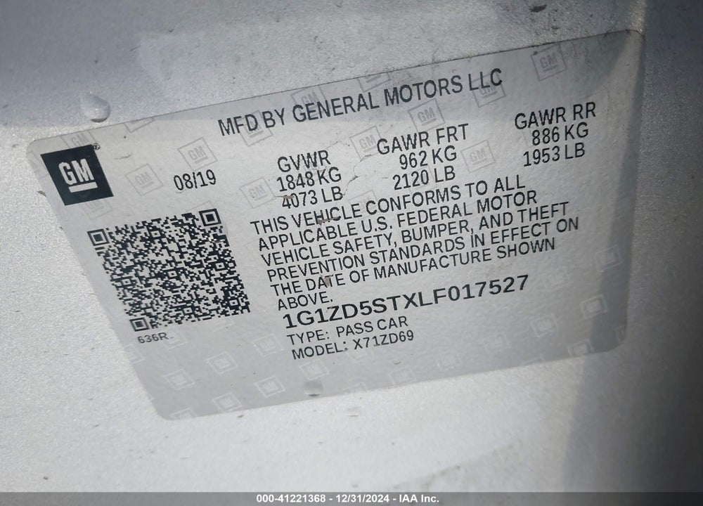 2020 CHEVROLET MALIBU VIN: 1G1ZD5STXLF017527