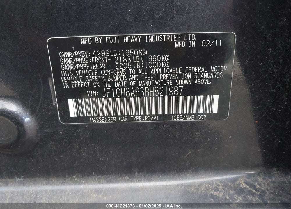 2011 SUBARU IMPREZA 2.5I VIN: JF1GH6A63BH821987