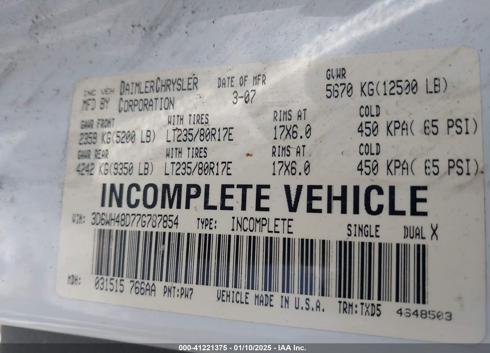 2007 DODGE RAM 3500 HD CHASSIS ST/SLT/LARAMIE VIN: 3D6WH48D77G787854