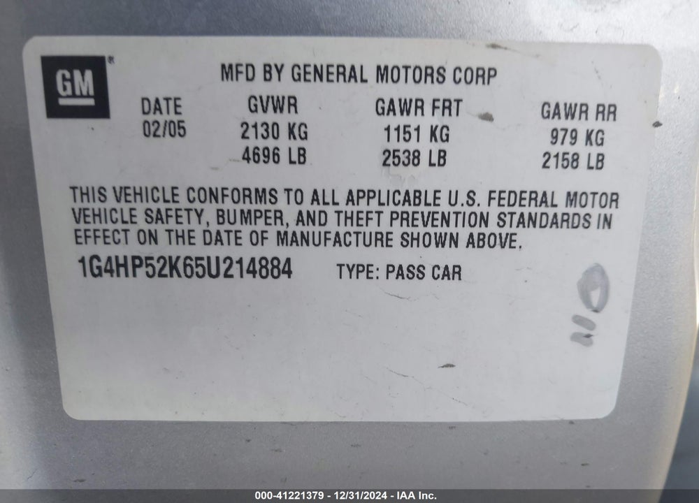 2005 BUICK LESABRE CUSTOM VIN: 1G4HP52K65U214884