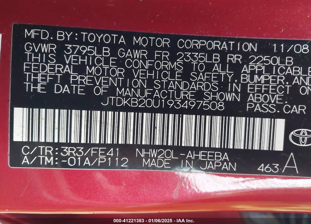 2009 TOYOTA PRIUS VIN: JTDKB20U193497508