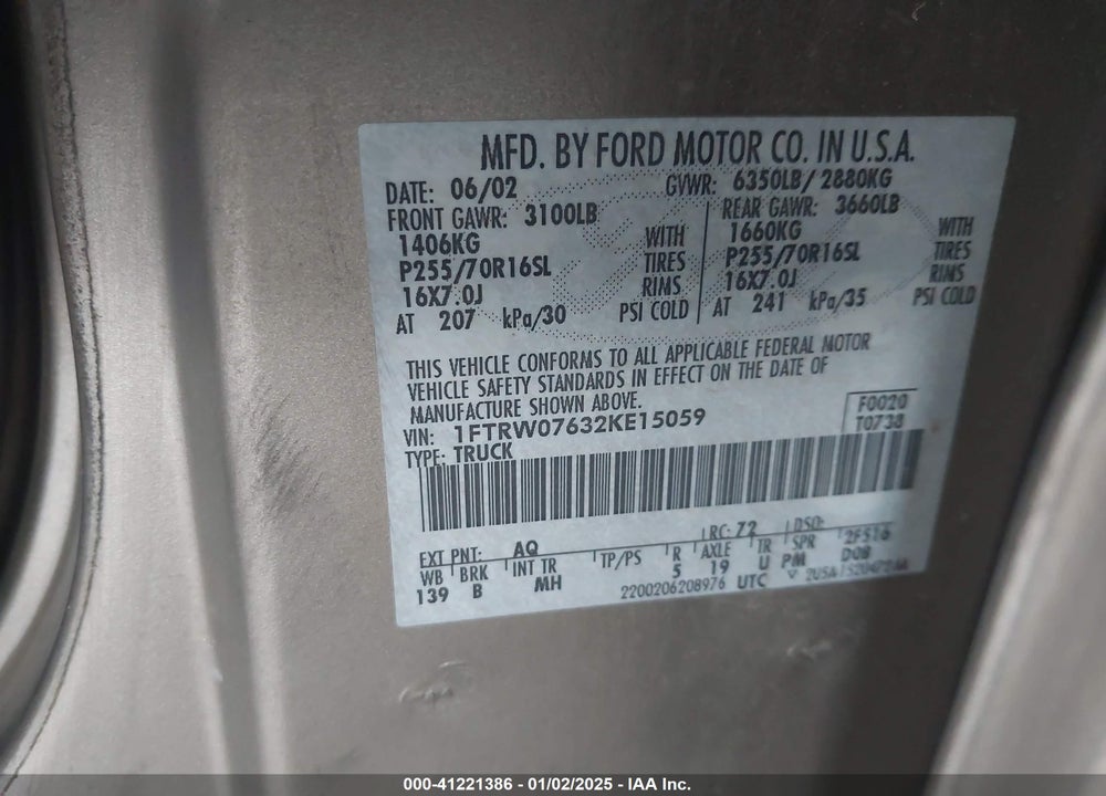 2002 FORD F-150 LARIAT/XLT VIN: 1FTRW07632KE15059