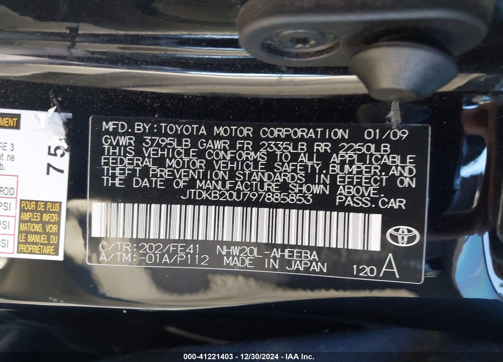2009 TOYOTA PRIUS VIN: JTDKB20U797885853