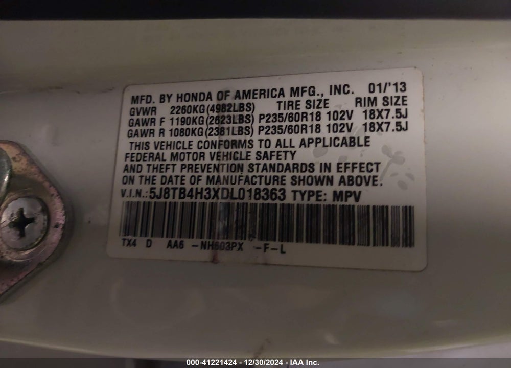 2013 ACURA RDX VIN: 5J8TB4H3XDL018363