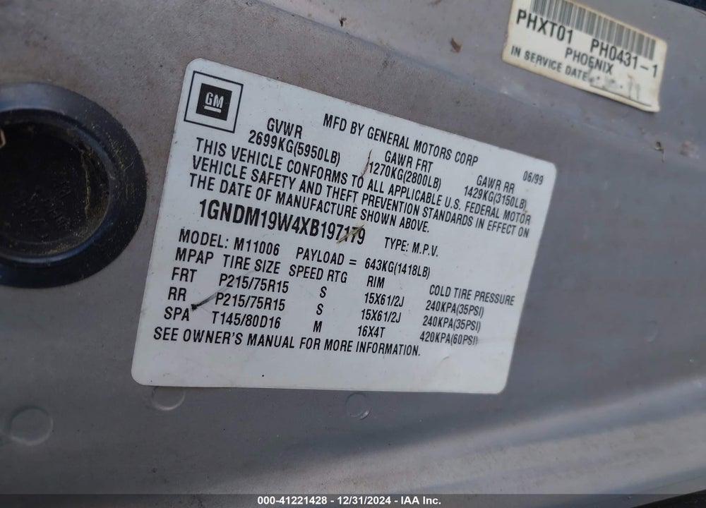 1999 CHEVROLET ASTRO VIN: 1GNDM19W4XB197179