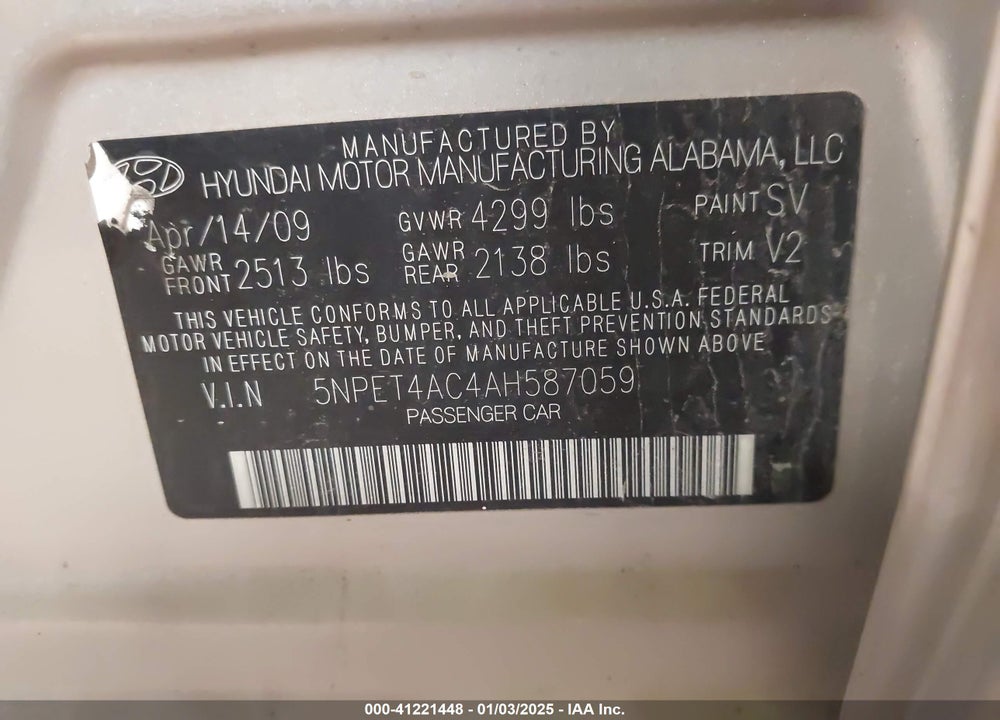 2010 HYUNDAI SONATA VIN: 5NPET4AC4AH587059