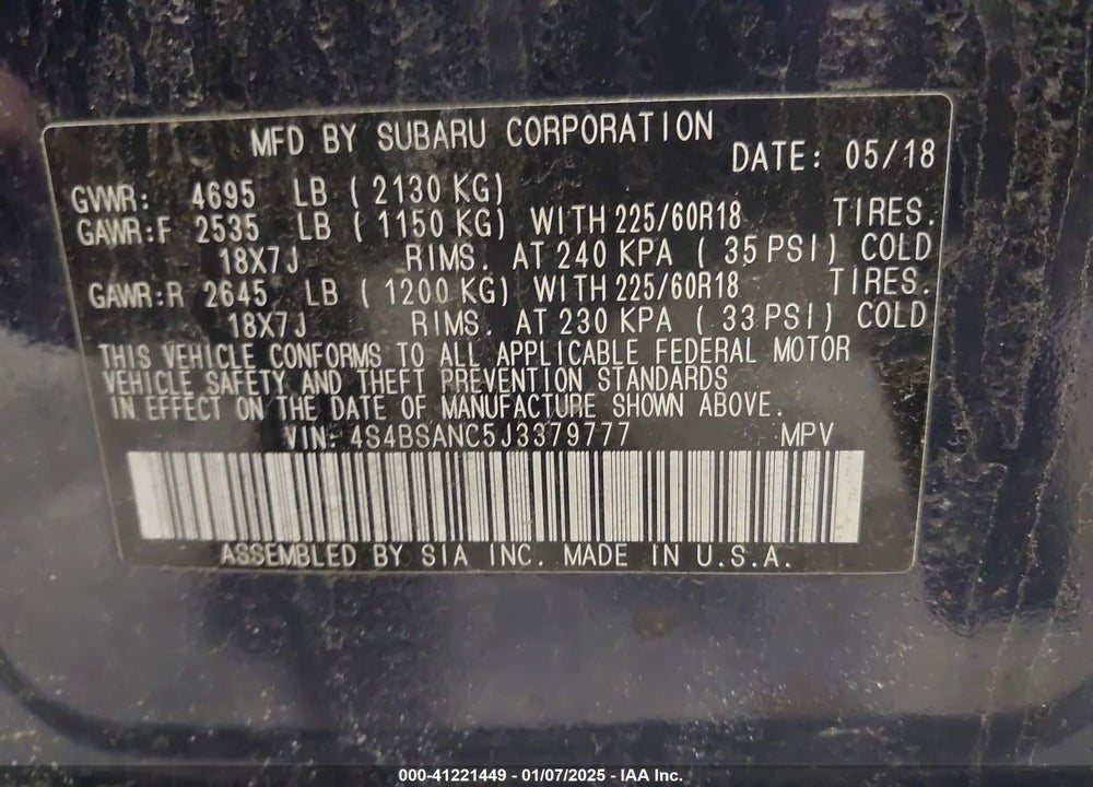 2018 SUBARU OUTBACK 2.5I LIMITED VIN: 4S4BSANC5J3379777