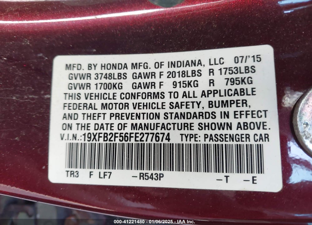 2015 HONDA CIVIC VIN: 19XFB2F56FE277674