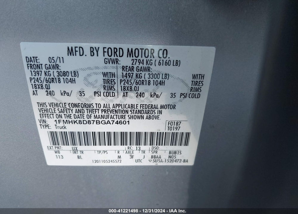 2011 FORD EXPLORER XLT VIN: 1FMHK8D87BGA74601