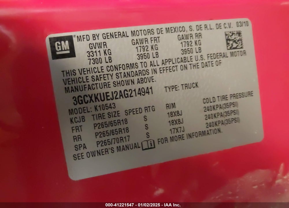 2010 CHEVROLET SILVERADO 1500 HYBRID VIN: 3GCXKUEJ2AG214941