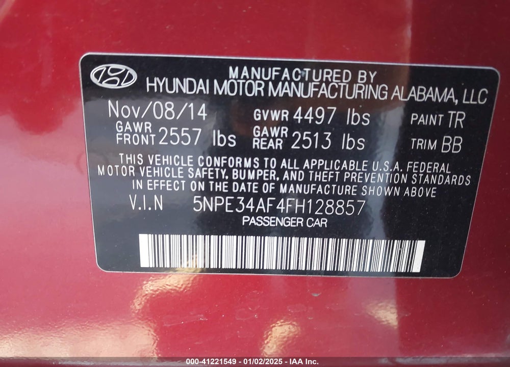 2015 HYUNDAI SONATA LIMITED VIN: 5NPE34AF4FH128857