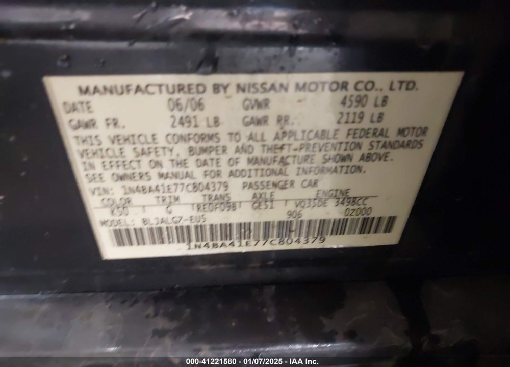2007 NISSAN MAXIMA 3.5 SL VIN: 1N4BA41E77C804379