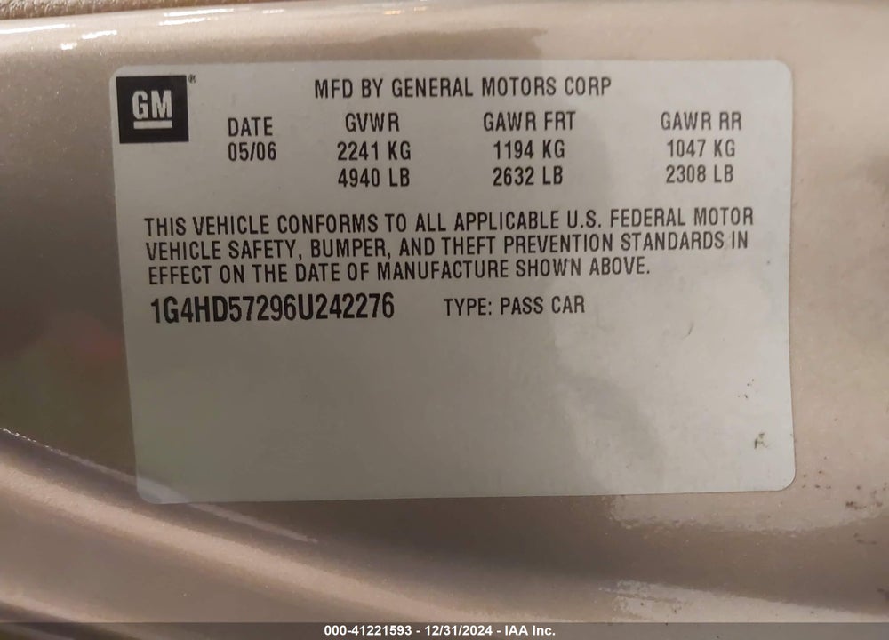 2006 BUICK LUCERNE CXL VIN: 1G4HD57296U242276