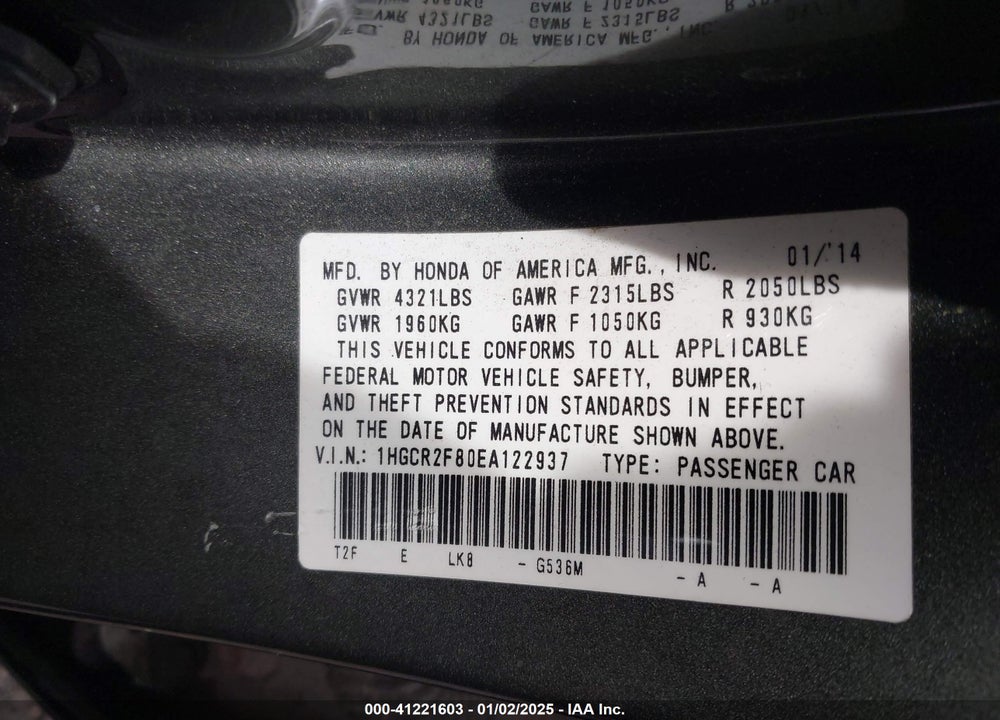 2014 HONDA ACCORD EX-L VIN: 1HGCR2F80EA122937