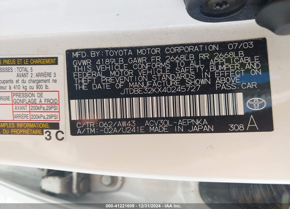 2004 TOYOTA CAMRY LE VIN: JTDBE32KX40245727