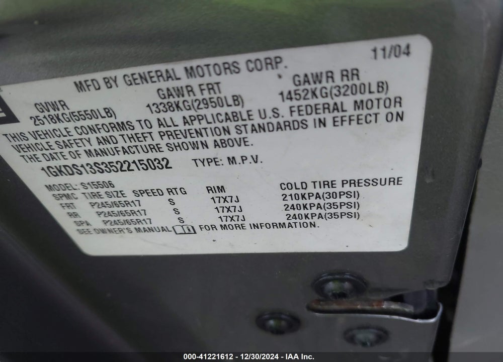 2005 GMC ENVOY SLE VIN: 1GKDS13S352215032