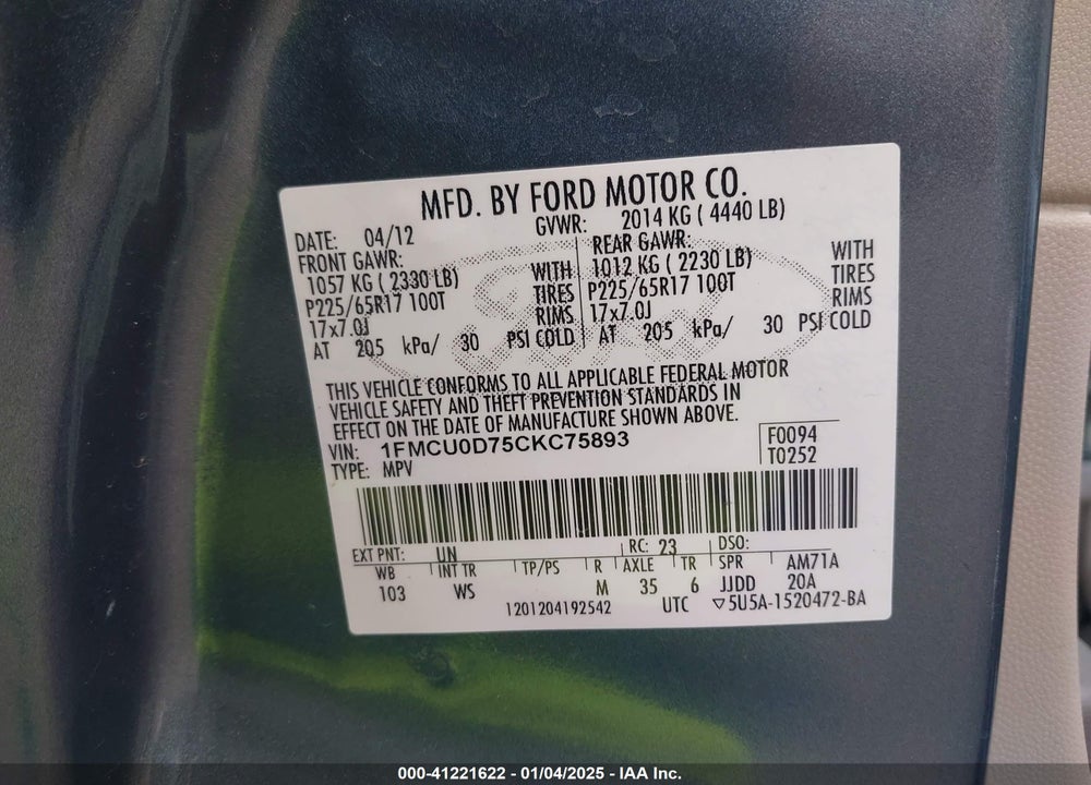 2012 FORD ESCAPE XLT VIN: 1FMCU0D75CKC75893