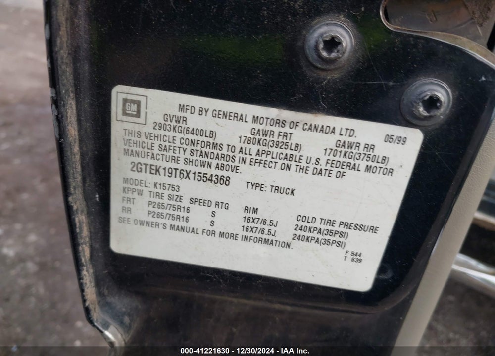 1999 GMC SIERRA 1500 SLE VIN: 2GTEK19T6X1554368