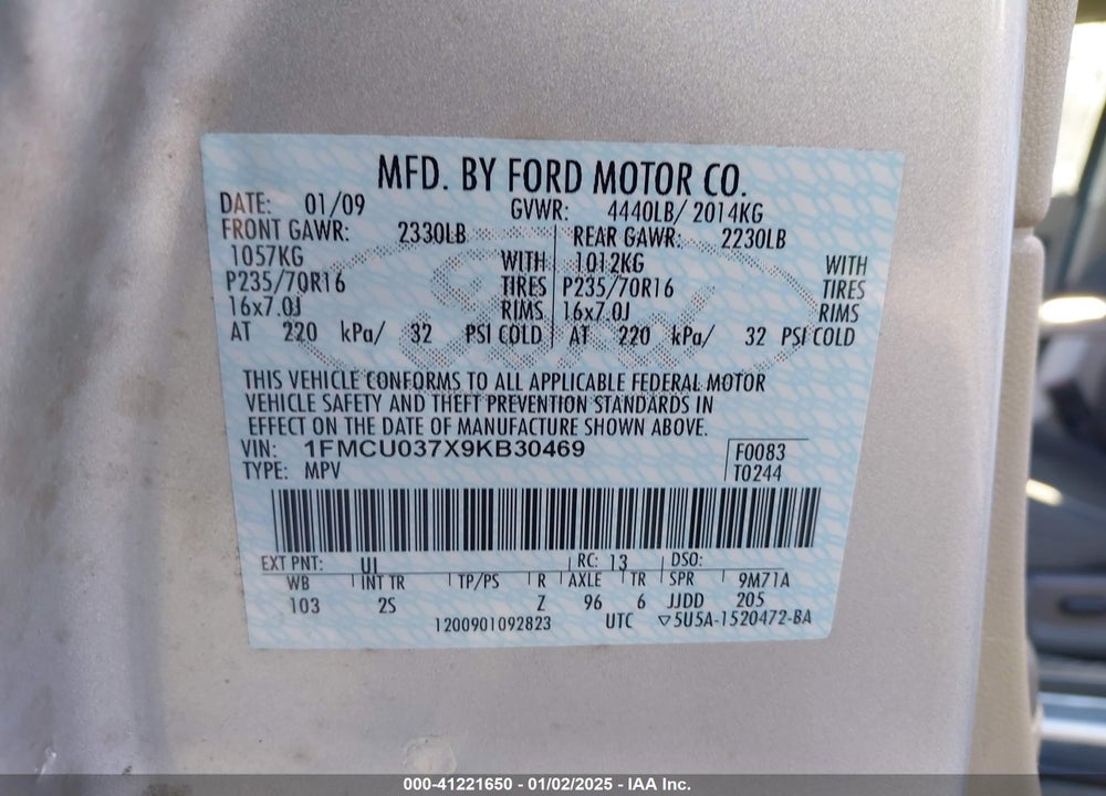 2009 FORD ESCAPE XLT VIN: 1FMCU037X9KB30469