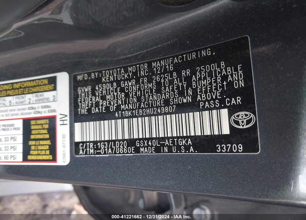 2017 TOYOTA AVALON VIN: 4T1BK1EB2HU249807