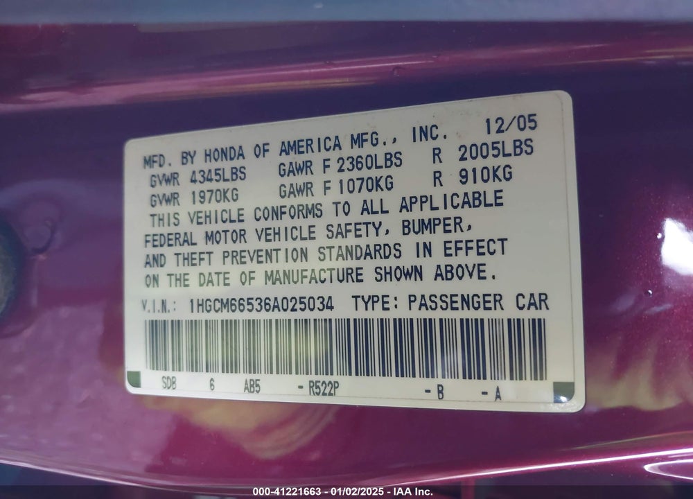 2006 HONDA ACCORD 3.0 EX VIN: 1HGCM66536A025034