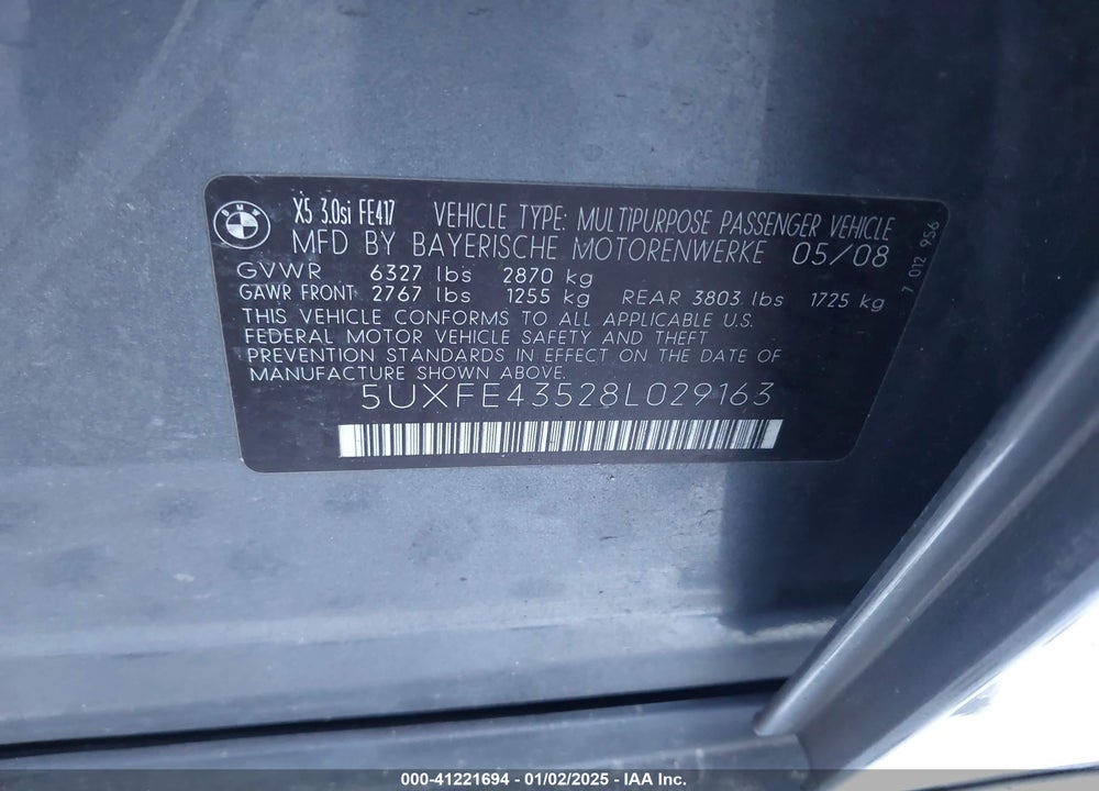 2008 BMW X5 3.0SI VIN: 5UXFE43528L029163
