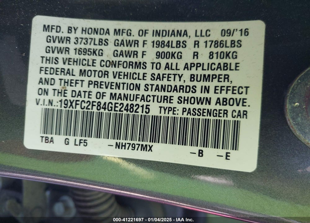 2016 HONDA CIVIC VIN: 19XFC2F84GE248215