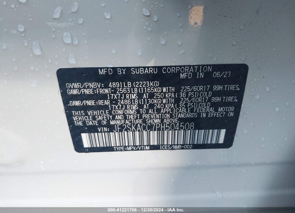 2023 SUBARU FORESTER VIN: JF2SKACC7PH504508