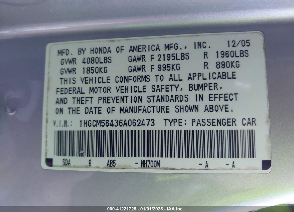 2006 HONDA ACCORD VIN: 1HGCM56436A062473