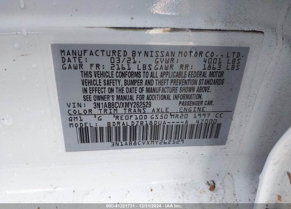 2021 NISSAN SENTRA VIN: 3N1AB8CVXMY262529