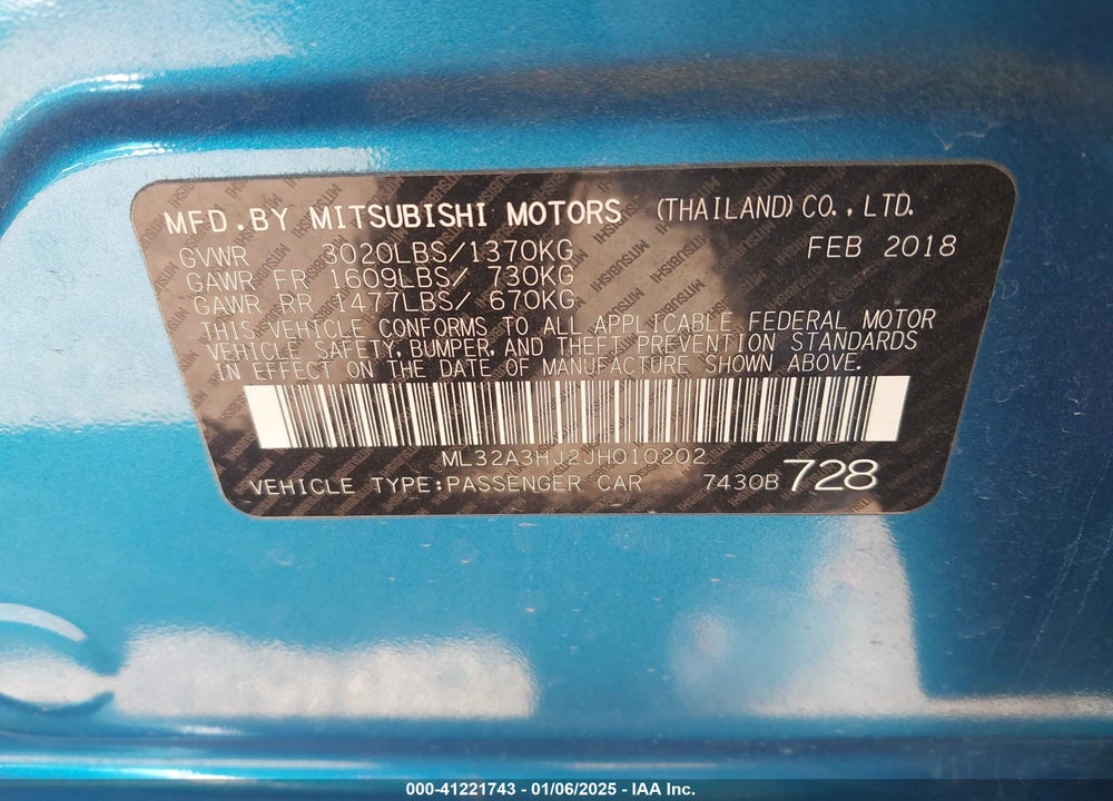 2018 MITSUBISHI MIRAGE VIN: ML32A3HJ2JH010202