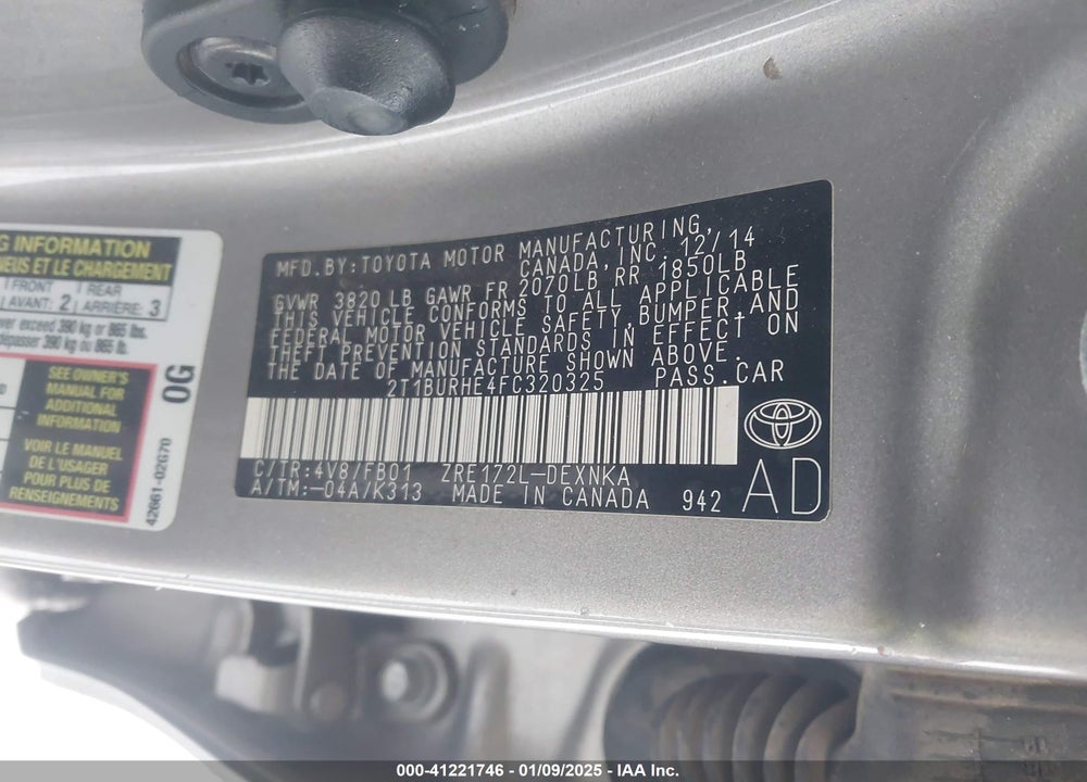 2015 TOYOTA COROLLA VIN: 2T1BURHE4FC320325