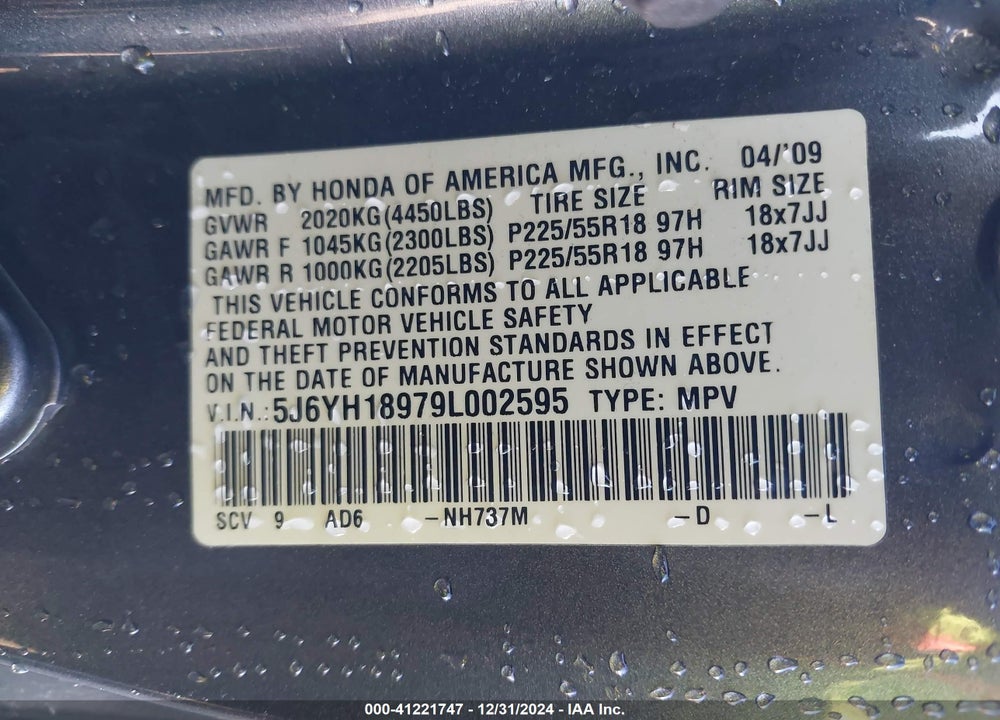 2009 HONDA ELEMENT SC VIN: 5J6YH18979L002595