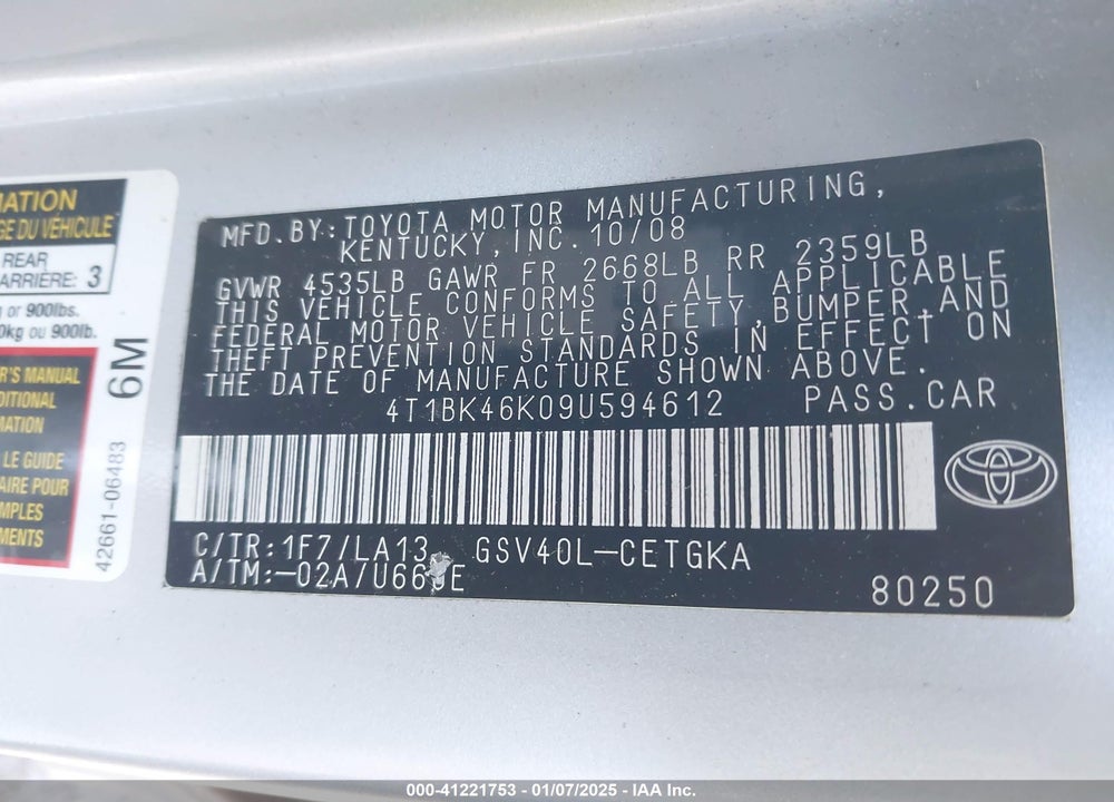 2009 TOYOTA CAMRY XLE V6 VIN: 4T1BK46K09U594612