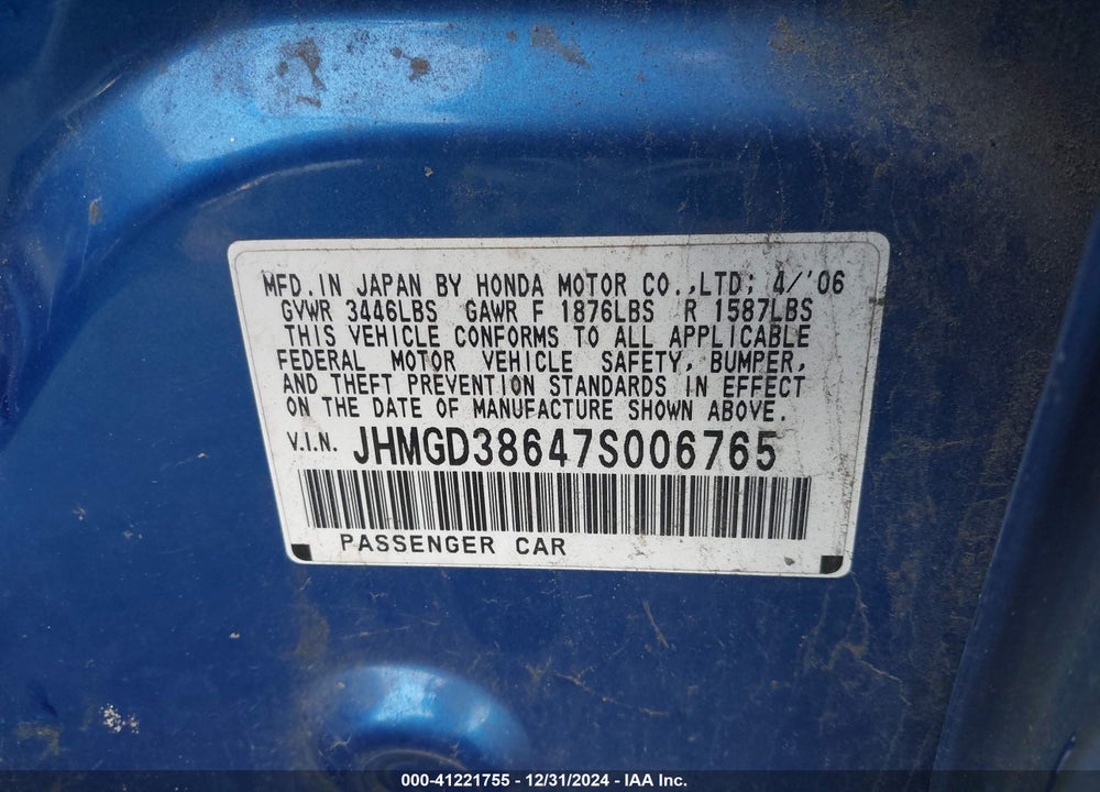 2007 HONDA FIT SPORT VIN: JHMGD38647S006765