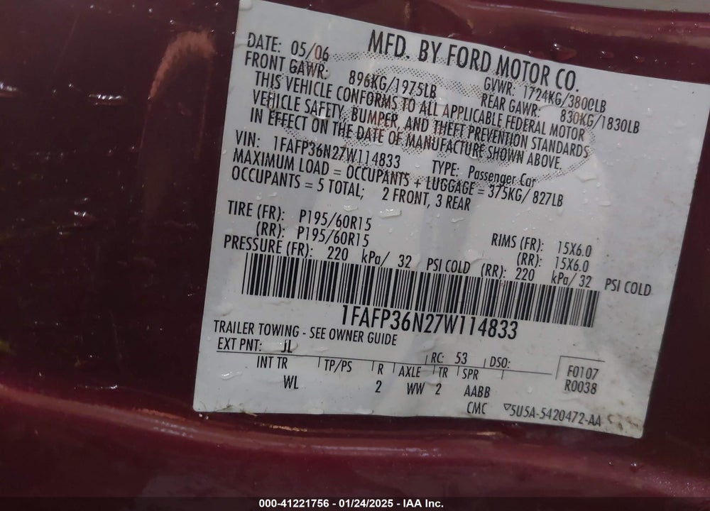 2007 FORD FOCUS VIN: 1FAFP36N27W114833