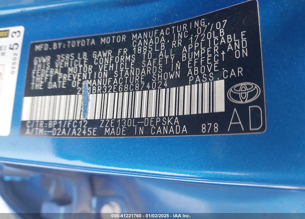 2008 TOYOTA COROLLA S VIN: 2T1BR32E68C874024