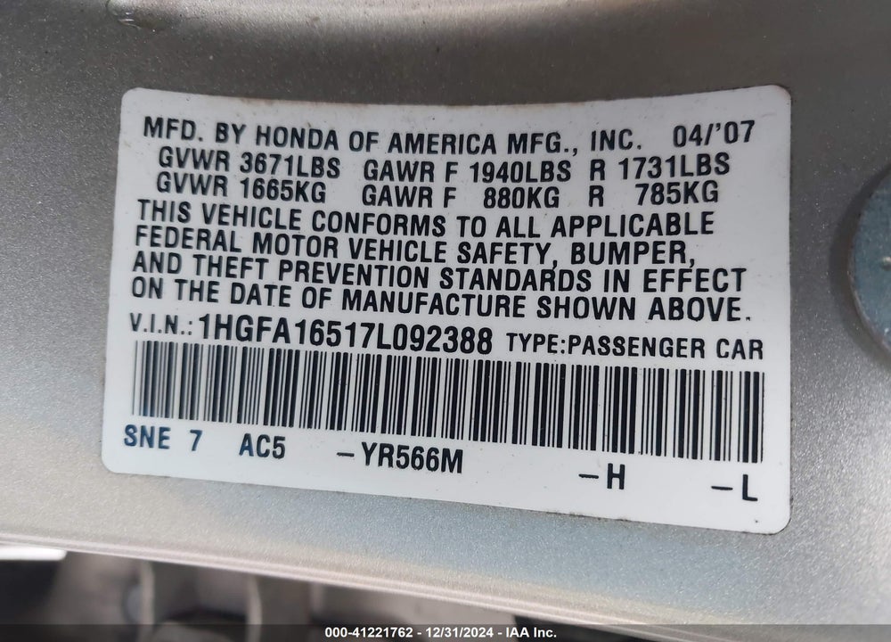 2007 HONDA CIVIC LX VIN: 1HGFA16517L092388
