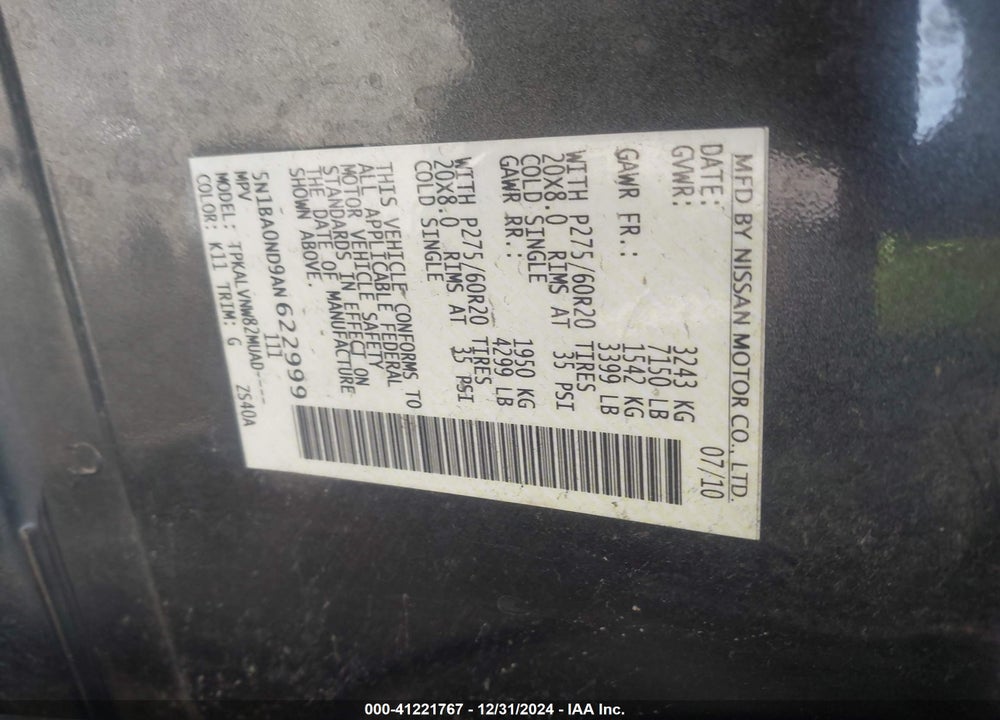 2010 NISSAN ARMADA TITANIUM VIN: 5N1BA0ND9AN622999