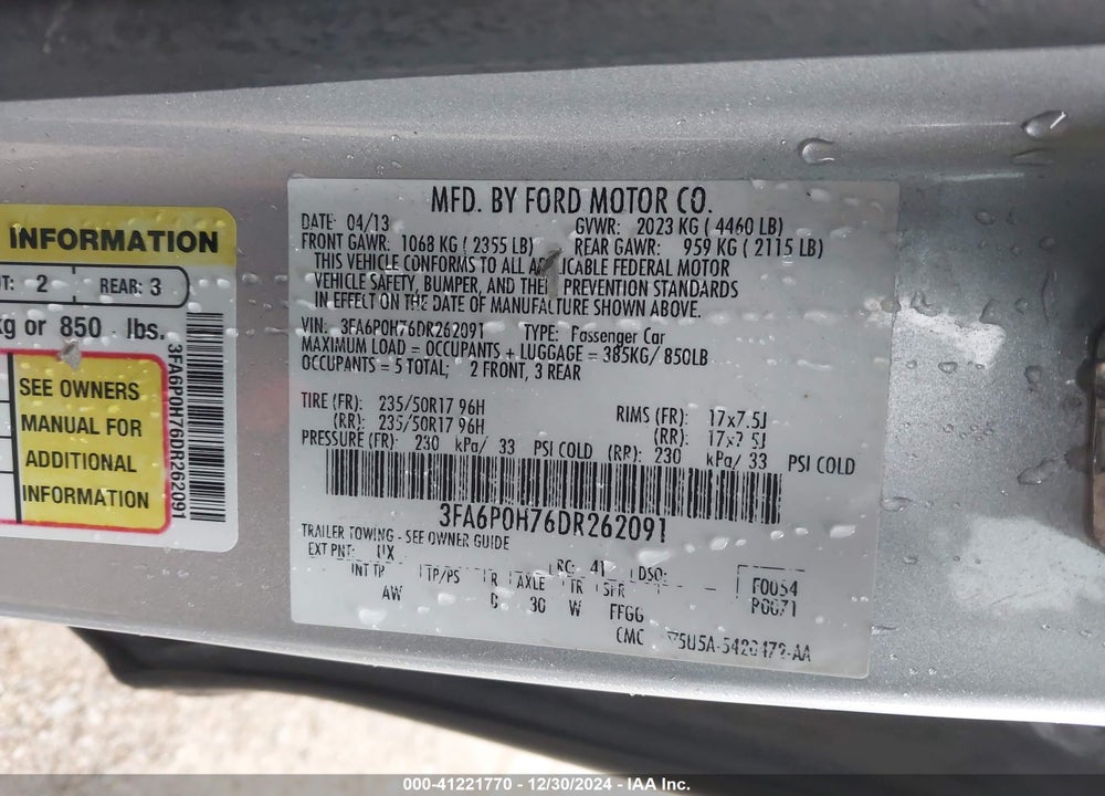 2013 FORD FUSION VIN: 3FA6P0H76DR262091