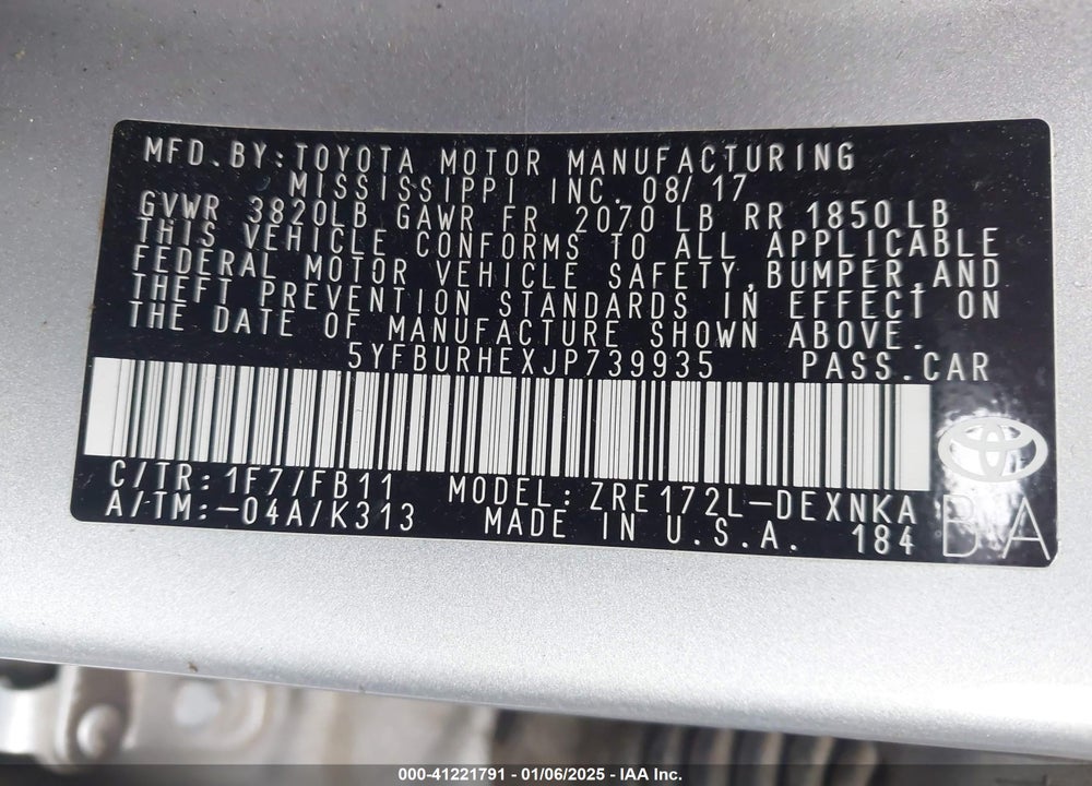 2018 TOYOTA COROLLA VIN: 5YFBURHEXJP739935
