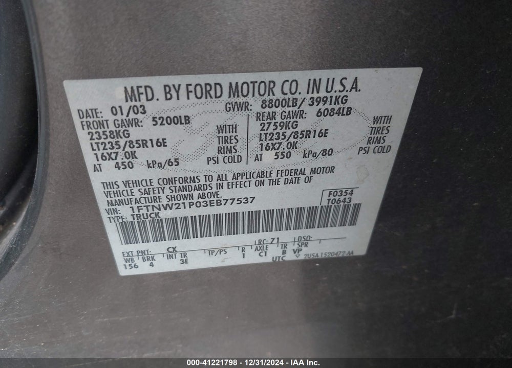 2003 FORD F-250 LARIAT/XL/XLT VIN: 1FTNW21P03EB77537