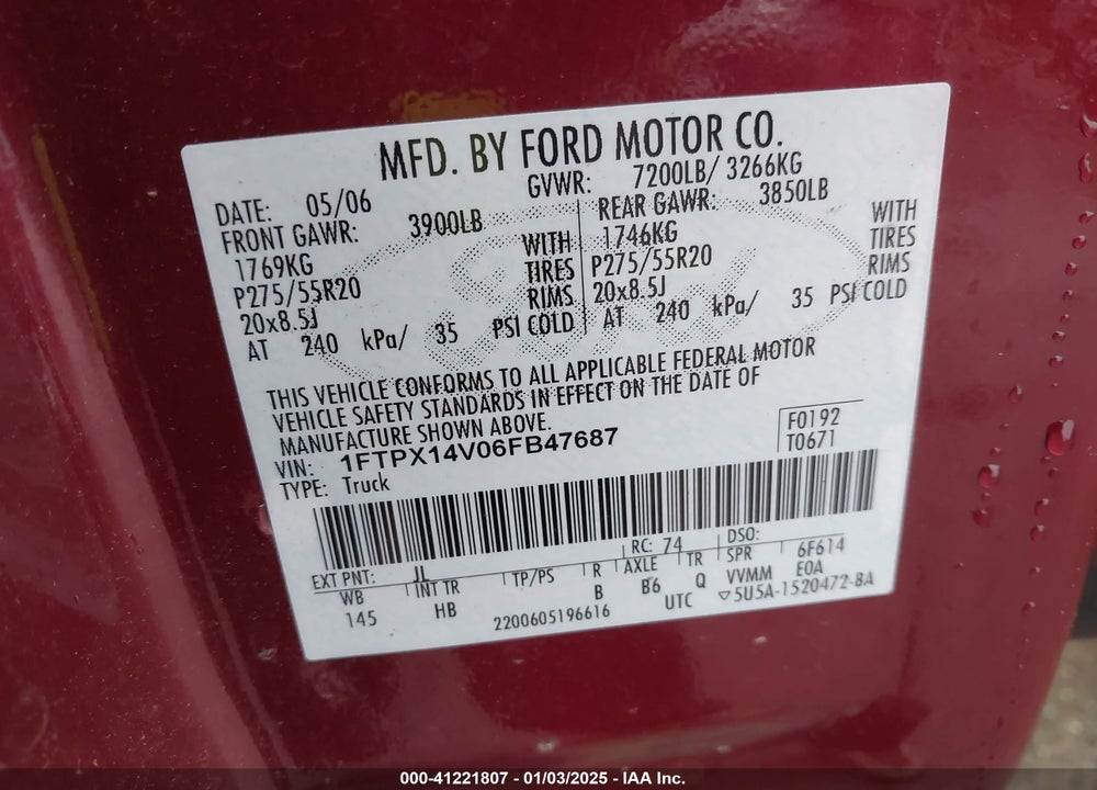 2006 FORD F-150 FX4/LARIAT/XL/XLT VIN: 1FTPX14V06FB47687