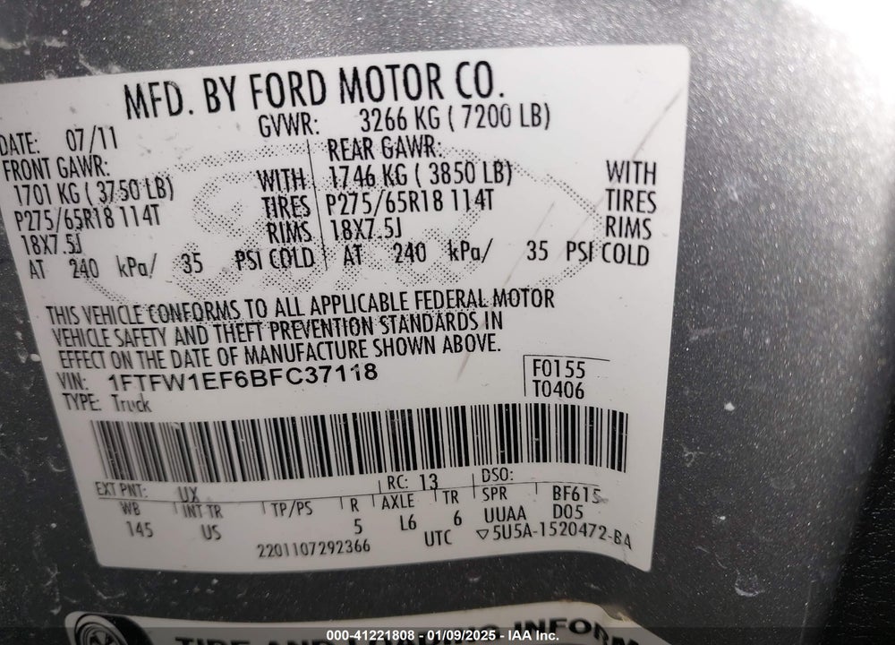 2011 FORD F150 VIN: 1FTFW1EF6BFC37118
