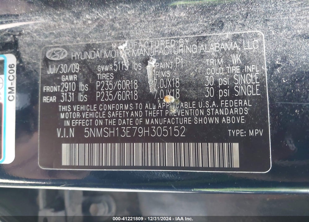 2009 HYUNDAI SANTA FE LIMITED VIN: 5NMSH13E79H305152