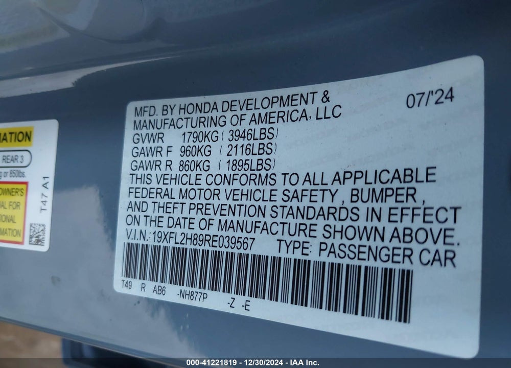 2024 HONDA CIVIC VIN: 19XFL2H89RE039567
