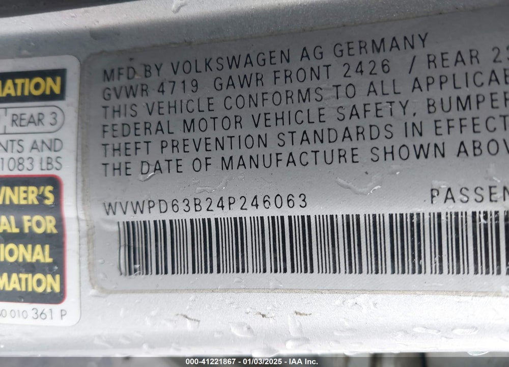 2004 VOLKSWAGEN PASSAT GLS VIN: WVWPD63B24P246063