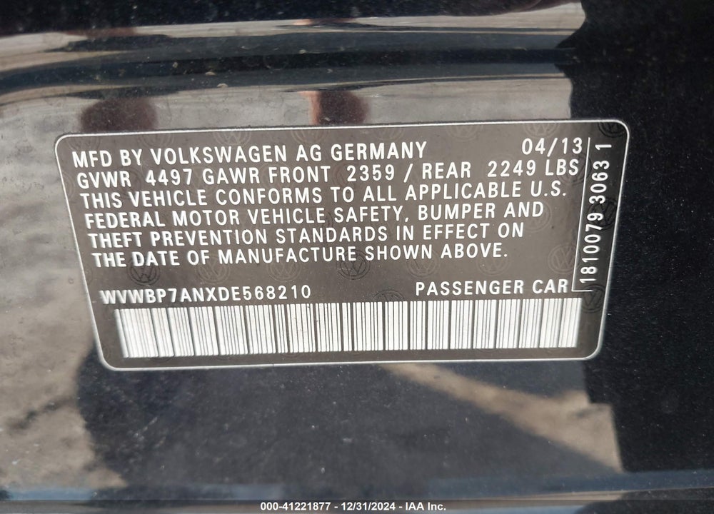 2013 VOLKSWAGEN CC VIN: WVWBP7ANXDE568210